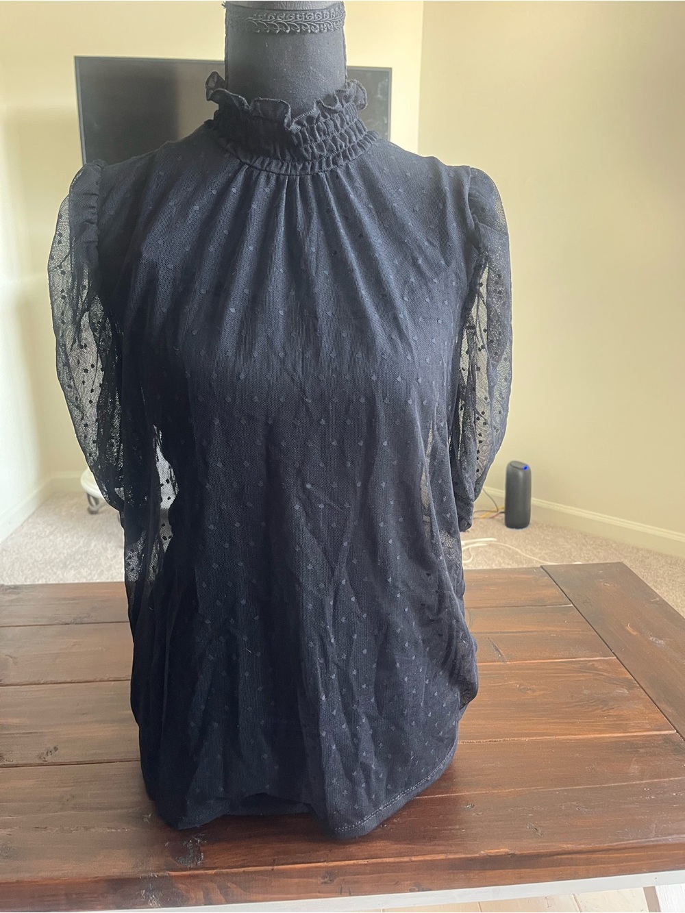 Halogen Black Ruffled High-Neck Swiss Dot Blouse